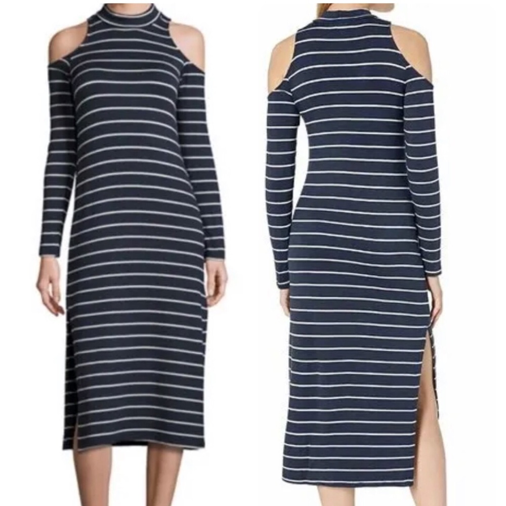 Y2K Splendid Cold Shoulder Navy Stripe Turtle Neck Bodycon Midi Women Dress S